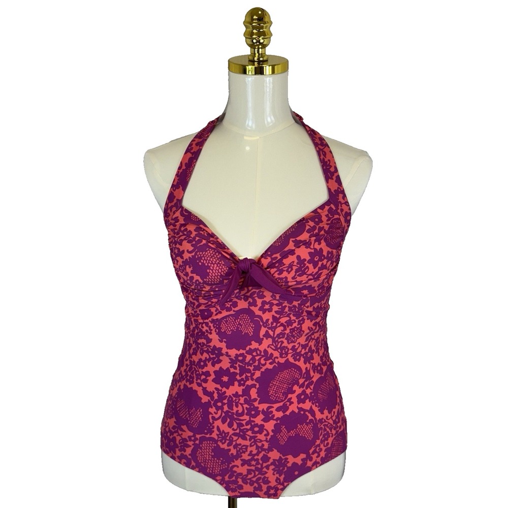 Boden Women's Pink Coral Purple Geometric Floral One Piece Halter Swimsuit Sz 8